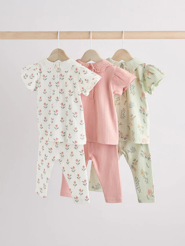 |BabyGirl| Conjunto De 6 Blusas e Leggings Para Bebês Com Estampa Floral Rosa/Verde Salva/Branco