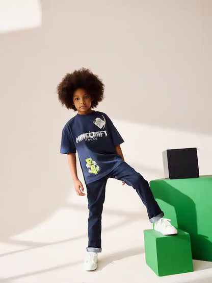 |BigBoy| Camiseta Azul Marinho Licenciada Do Minecraft (3 a 16 anos)