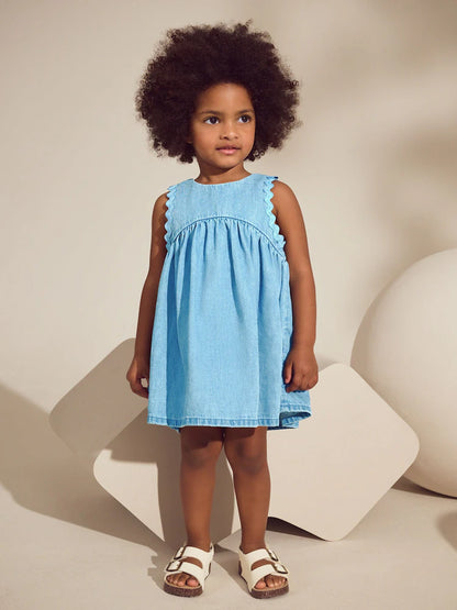 |Girl| Vestido De Verão Sem Mangas Blue Denim Ric Rac 100% Algodão (3 meses a 8 anos)