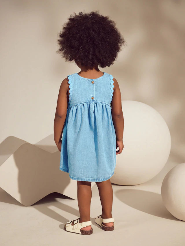 |Girl| Vestido De Verão Sem Mangas Blue Denim Ric Rac 100% Algodão (3 meses a 8 anos)