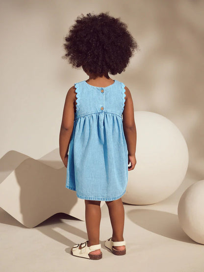 |Girl| Vestido De Verão Sem Mangas Blue Denim Ric Rac 100% Algodão (3 meses a 8 anos)