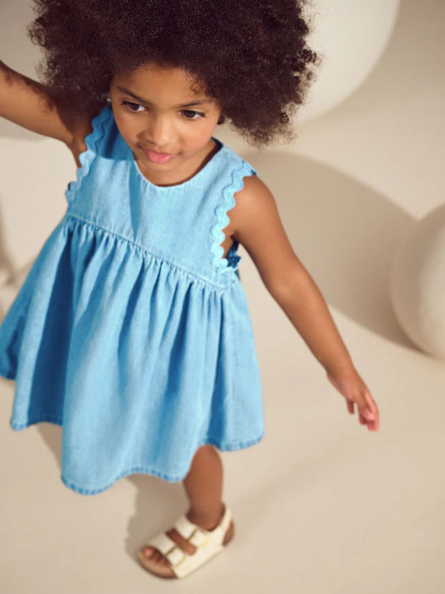 |Girl| Vestido De Verão Sem Mangas Blue Denim Ric Rac 100% Algodão (3 meses a 8 anos)