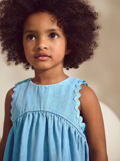 |Girl| Vestido De Verão Sem Mangas Blue Denim Ric Rac 100% Algodão (3 meses a 8 anos)
