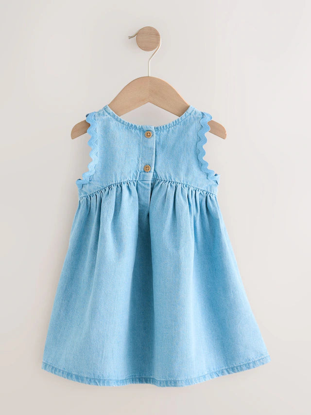 |Girl| Vestido De Verão Sem Mangas Blue Denim Ric Rac 100% Algodão (3 meses a 8 anos)