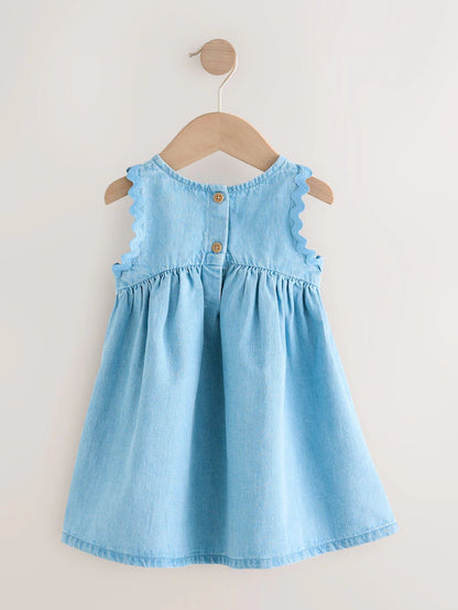 |Girl| Vestido De Verão Sem Mangas Blue Denim Ric Rac 100% Algodão (3 meses a 8 anos)