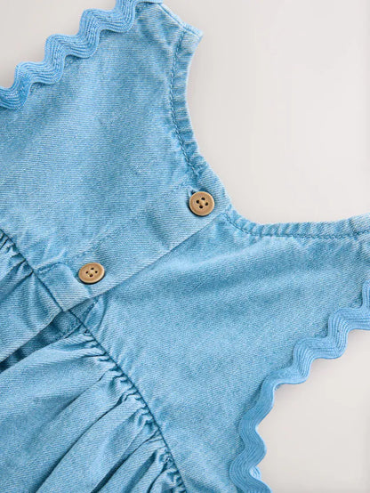 |Girl| Vestido De Verão Sem Mangas Blue Denim Ric Rac 100% Algodão (3 meses a 8 anos)