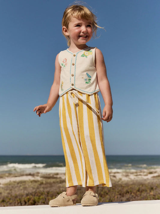 |Girl| Conjunto De Colete e Calça Bordados Com Flores Brancas (3 meses a 7 anos)