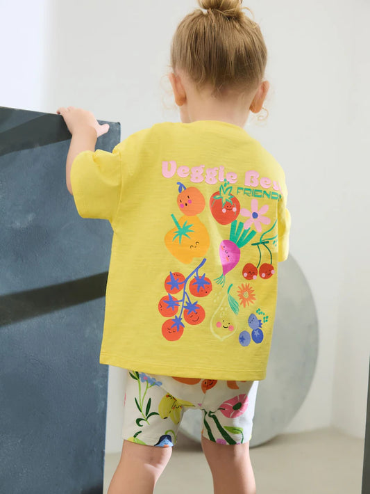 |Girl| Conjunto De Camiseta De Manga Curta e Shorts De Ciclismo Com Estampa De Frutas Acolchoadas Amarelas (3 meses a 7 anos)