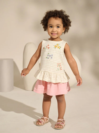 |Girl| Conjunto De Colete e Shorts Peplum 100% Algodão Com Flores Bordadas Em Branco/Rosa (3 meses a 7 anos)