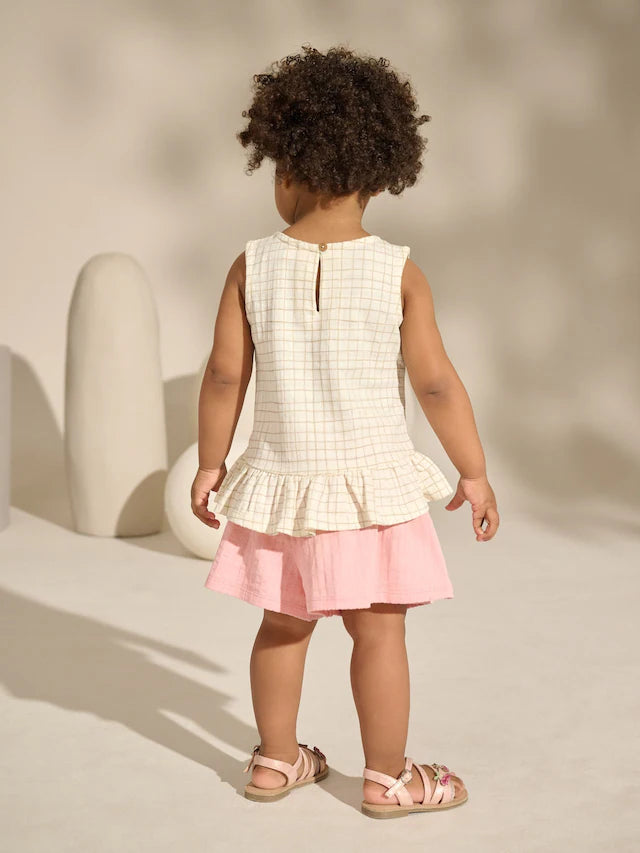 |Girl| Conjunto De Colete e Shorts Peplum 100% Algodão Com Flores Bordadas Em Branco/Rosa (3 meses a 7 anos)