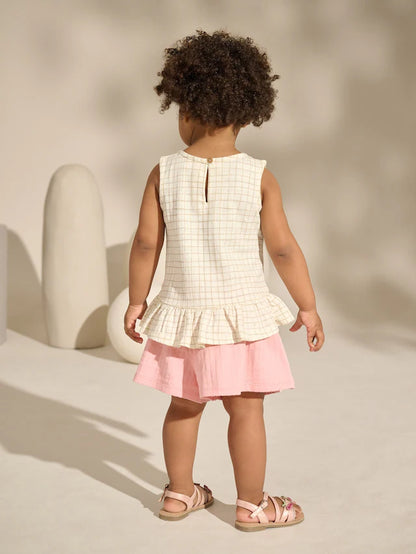|Girl| Conjunto De Colete e Shorts Peplum 100% Algodão Com Flores Bordadas Em Branco/Rosa (3 meses a 7 anos)