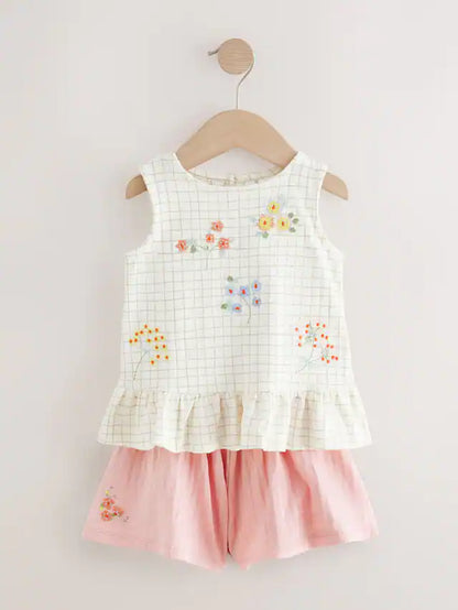 |Girl| Conjunto De Colete e Shorts Peplum 100% Algodão Com Flores Bordadas Em Branco/Rosa (3 meses a 7 anos)