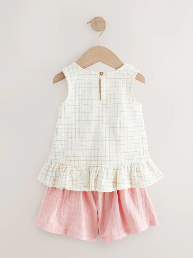 |Girl| Conjunto De Colete e Shorts Peplum 100% Algodão Com Flores Bordadas Em Branco/Rosa (3 meses a 7 anos)