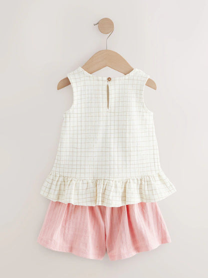 |Girl| Conjunto De Colete e Shorts Peplum 100% Algodão Com Flores Bordadas Em Branco/Rosa (3 meses a 7 anos)