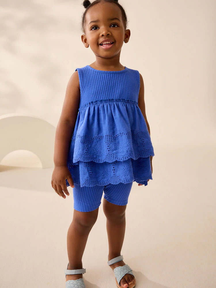 |Girl| Conjunto De Colete e Shorts De Ciclismo Azul Bordado (3 meses a 7 anos)