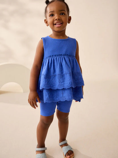 |Girl| Conjunto De Colete e Shorts De Ciclismo Azul Bordado (3 meses a 7 anos)