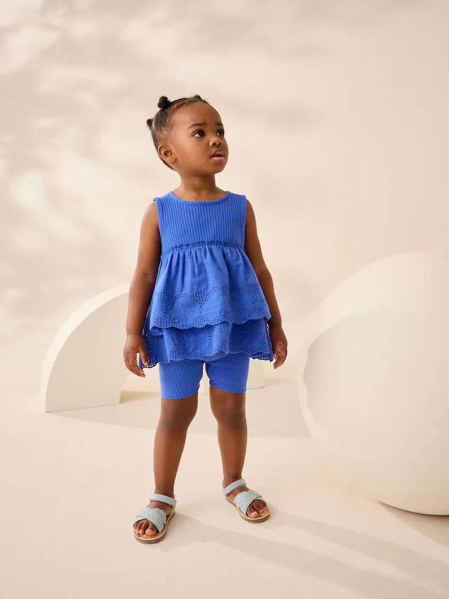 |Girl| Conjunto De Colete e Shorts De Ciclismo Azul Bordado (3 meses a 7 anos)