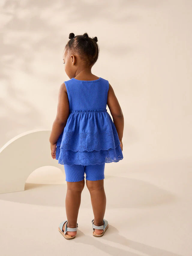 |Girl| Conjunto De Colete e Shorts De Ciclismo Azul Bordado (3 meses a 7 anos)