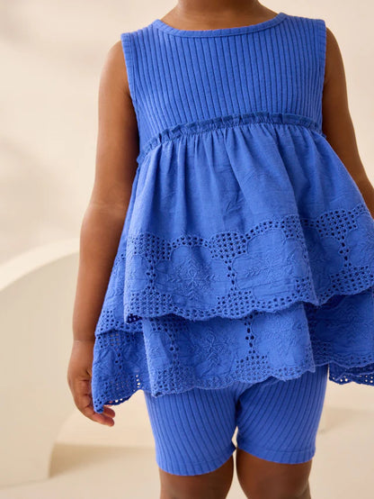 |Girl| Conjunto De Colete e Shorts De Ciclismo Azul Bordado (3 meses a 7 anos)