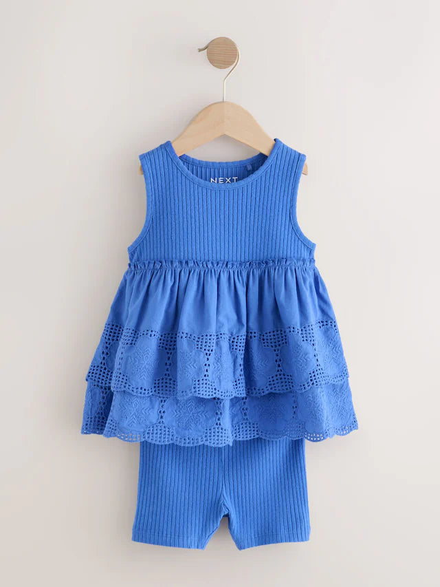 |Girl| Conjunto De Colete e Shorts De Ciclismo Azul Bordado (3 meses a 7 anos)