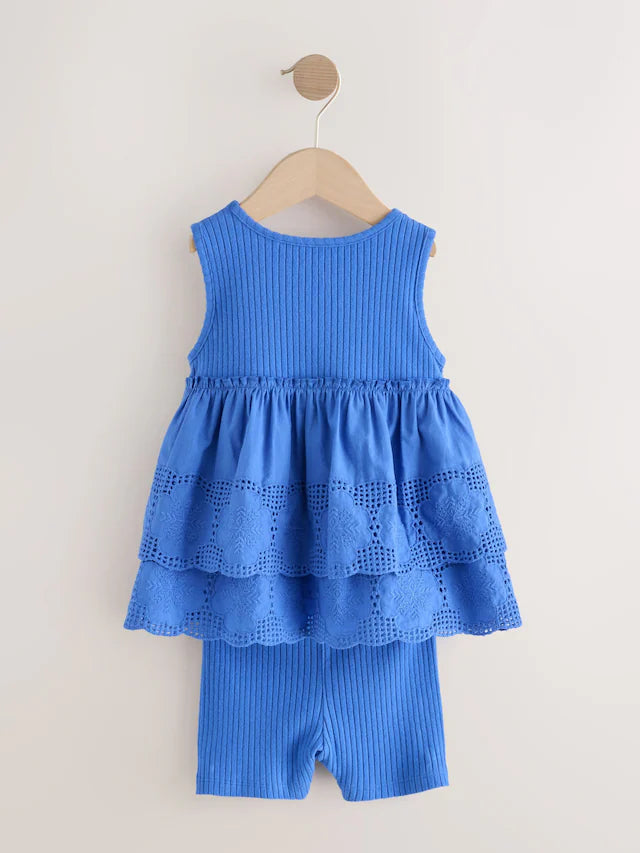 |Girl| Conjunto De Colete e Shorts De Ciclismo Azul Bordado (3 meses a 7 anos)