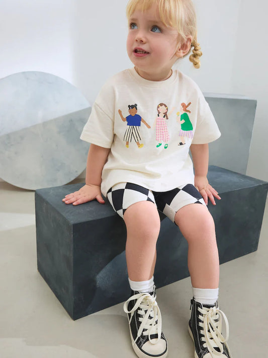 |Girl| Conjunto De Damiseta De Manga Curta e Shorts De Ciclismo Para Meninas Ecru (3 meses a 7 anos)