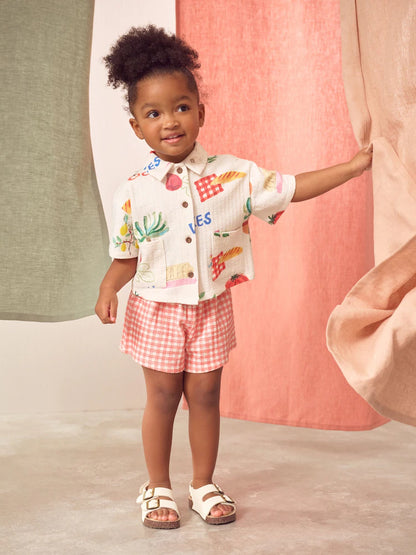 |Girl| Conjunto De Camisa e Shorts De Manga Curta 100% Algodão Com Estampa Xadrez Vermelha (3 meses a 7 anos)