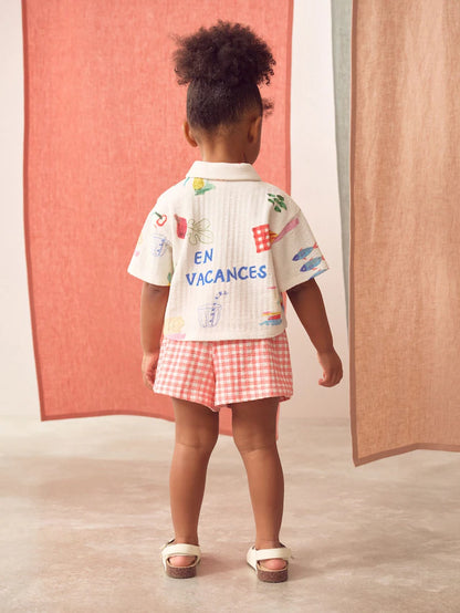 |Girl| Conjunto De Camisa e Shorts De Manga Curta 100% Algodão Com Estampa Xadrez Vermelha (3 meses a 7 anos)