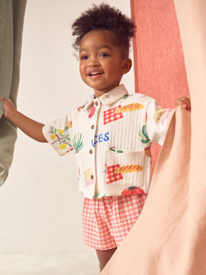 |Girl| Conjunto De Camisa e Shorts De Manga Curta 100% Algodão Com Estampa Xadrez Vermelha (3 meses a 7 anos)