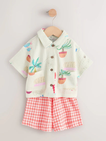 |Girl| Conjunto De Camisa e Shorts De Manga Curta 100% Algodão Com Estampa Xadrez Vermelha (3 meses a 7 anos)