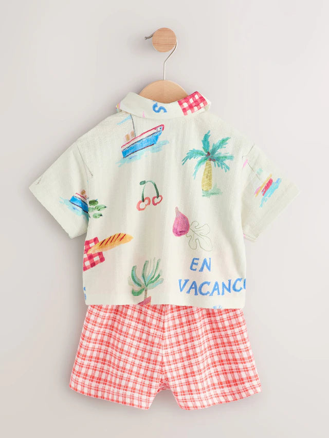 |Girl| Conjunto De Camisa e Shorts De Manga Curta 100% Algodão Com Estampa Xadrez Vermelha (3 meses a 7 anos)