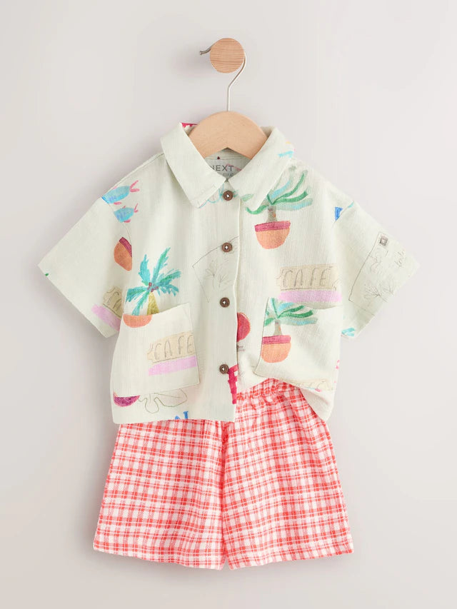 |Girl| Conjunto De Camisa e Shorts De Manga Curta 100% Algodão Com Estampa Xadrez Vermelha (3 meses a 7 anos)