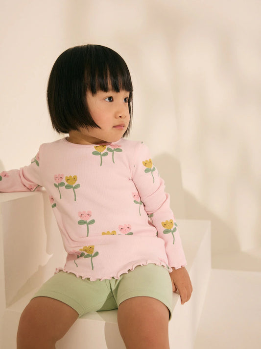 |Girl| Camiseta De Manga Comprida Canelada Com Estampa De Flor Rosa (3 meses a 7 anos)