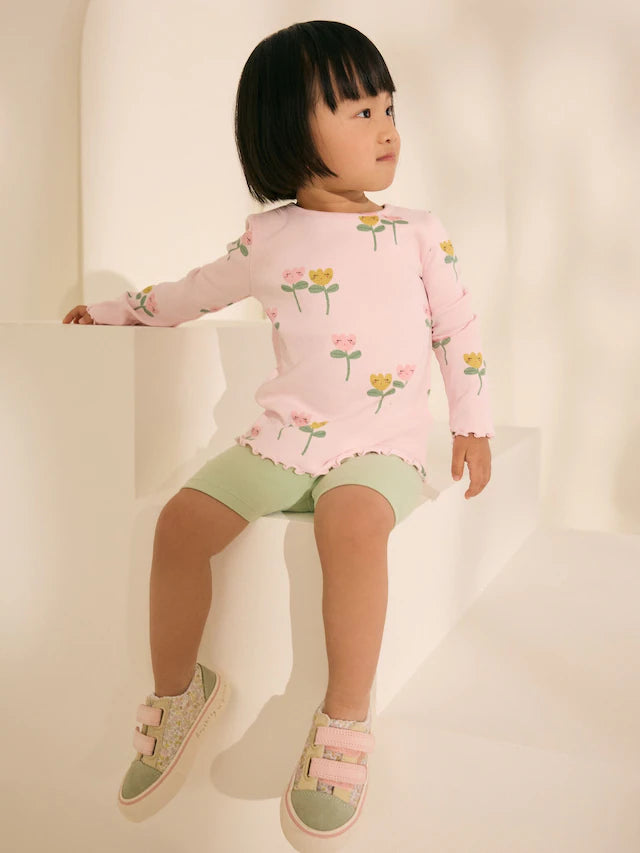 |Girl| Camiseta De Manga Comprida Canelada Com Estampa De Flor Rosa (3 meses a 7 anos)