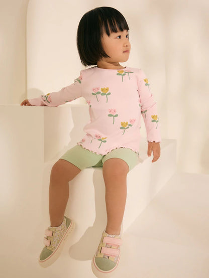 |Girl| Camiseta De Manga Comprida Canelada Com Estampa De Flor Rosa (3 meses a 7 anos)