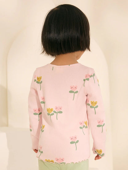 |Girl| Camiseta De Manga Comprida Canelada Com Estampa De Flor Rosa (3 meses a 7 anos)