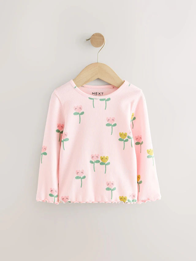 |Girl| Camiseta De Manga Comprida Canelada Com Estampa De Flor Rosa (3 meses a 7 anos)