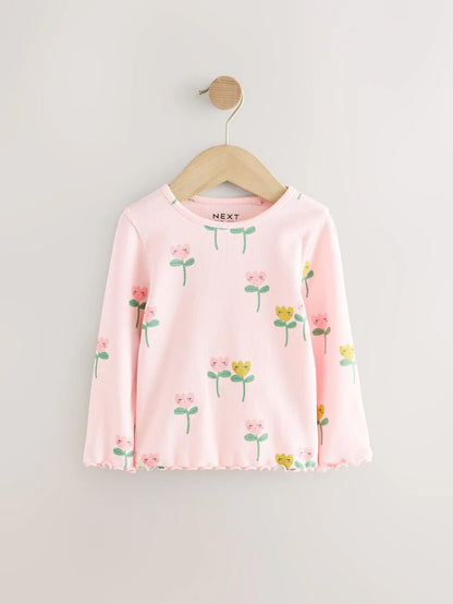 |Girl| Camiseta De Manga Comprida Canelada Com Estampa De Flor Rosa (3 meses a 7 anos)