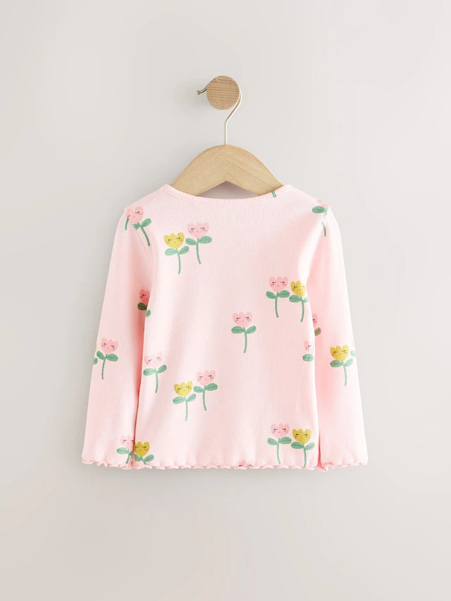 |Girl| Camiseta De Manga Comprida Canelada Com Estampa De Flor Rosa (3 meses a 7 anos)
