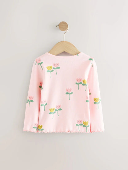|Girl| Camiseta De Manga Comprida Canelada Com Estampa De Flor Rosa (3 meses a 7 anos)