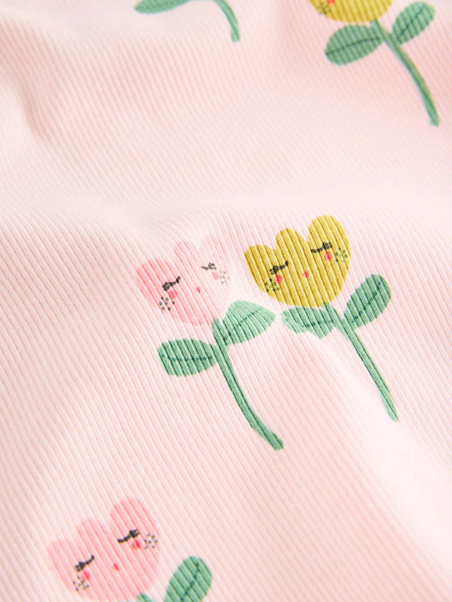 |Girl| Camiseta De Manga Comprida Canelada Com Estampa De Flor Rosa (3 meses a 7 anos)