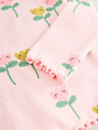 |Girl| Camiseta De Manga Comprida Canelada Com Estampa De Flor Rosa (3 meses a 7 anos)