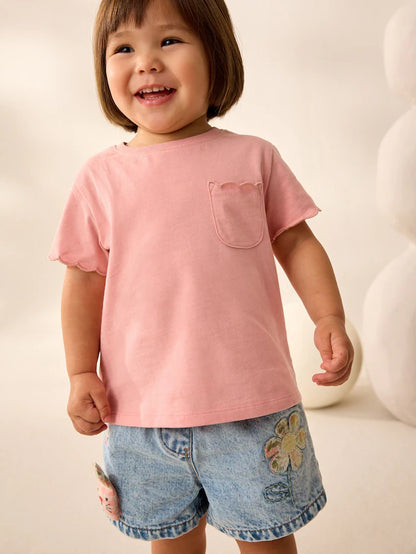 |Girl| Camiseta Rosa 100% Algodão Estampada Manga Curta Com Vieira (3 meses a 7 anos)