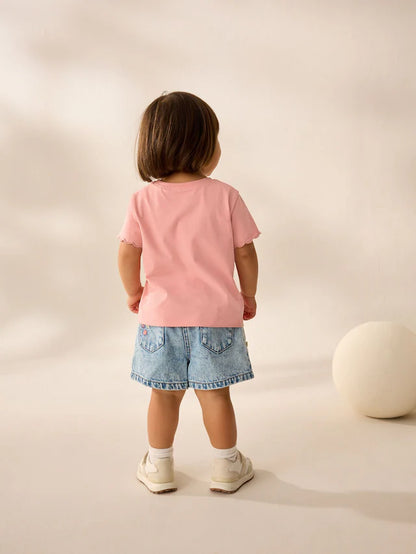 |Girl| Camiseta Rosa 100% Algodão Estampada Manga Curta Com Vieira (3 meses a 7 anos)