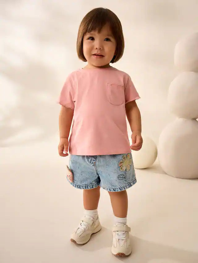 |Girl| Camiseta Rosa 100% Algodão Estampada Manga Curta Com Vieira (3 meses a 7 anos)