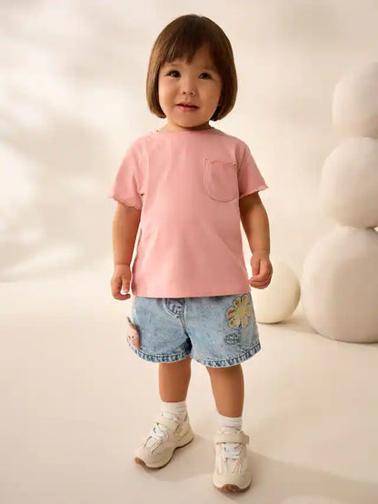 |Girl| Camiseta Rosa 100% Algodão Estampada Manga Curta Com Vieira (3 meses a 7 anos)