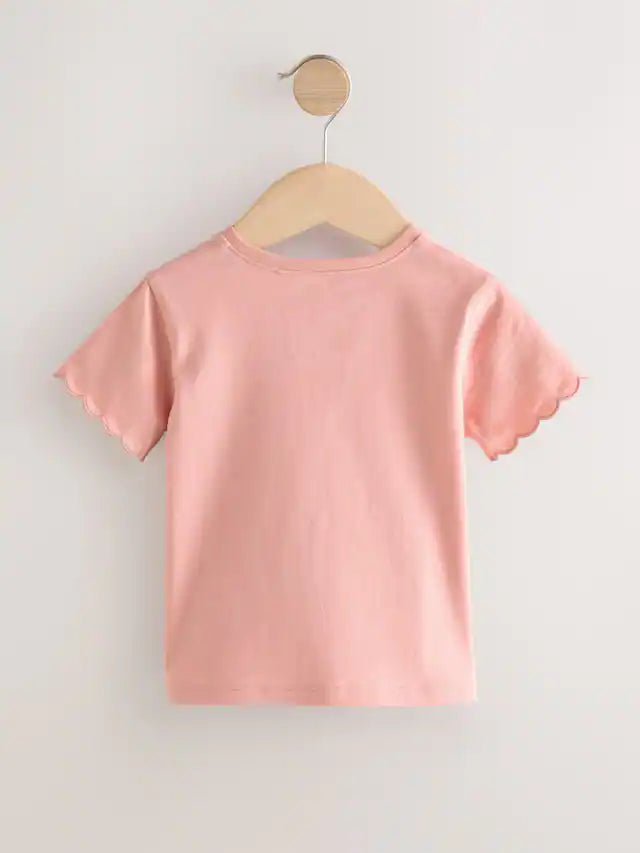 |Girl| Camiseta Rosa 100% Algodão Estampada Manga Curta Com Vieira (3 meses a 7 anos)