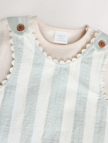 |BabyGirl| Conjunto De Macacão e Calça Jeans Listrado Verde Menta Para Bebê (0 meses a 2 anosM