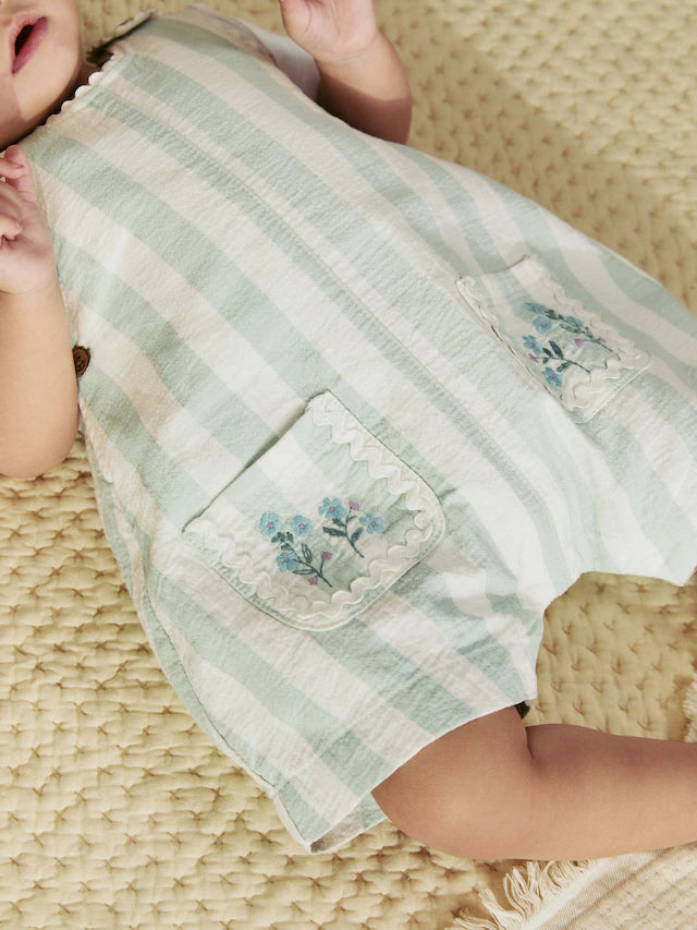 |BabyGirl| Conjunto De Macacão e Calça Jeans Listrado Verde Menta Para Bebê (0 meses a 2 anosM