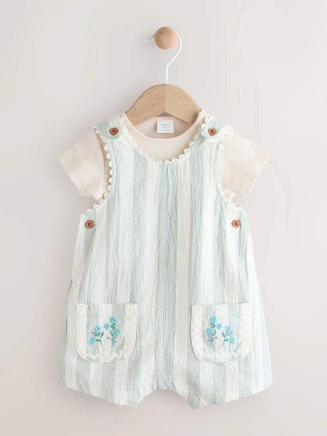 |BabyGirl| Conjunto De Macacão e Calça Jeans Listrado Verde Menta Para Bebê (0 meses a 2 anosM